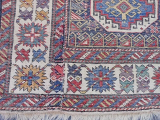 Caucasian Kuba/Shirvan, late 19th century, 3-11 x 6-2 (1.19 x 1.88), Moghan design, rug was hand washed, original ends, saturated colors, super green and purple, good pile, missing outer minor guard border  ...