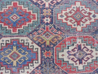 Caucasian Kuba/Shirvan, late 19th century, 3-11 x 6-2 (1.19 x 1.88), Moghan design, rug was hand washed, original ends, saturated colors, super green and purple, good pile, missing outer minor guard border  ...