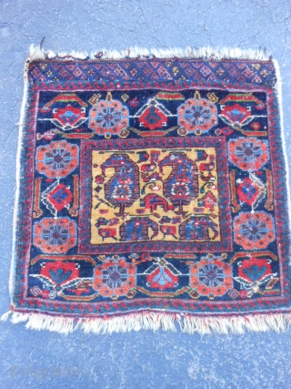 Persian Afshar Bag face, late 19th century, 1-7 x 1-8 (.48 x .51), rug was hand washed, saturated colors, great orange, green, gold, floppy handle, slight moth damage, 2 inch soumac piece  ...