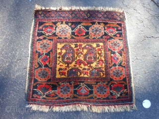 Persian Afshar Bag face, late 19th century, 1-7 x 1-8 (.48 x .51), rug was hand washed, saturated colors, great orange, green, gold, floppy handle, slight moth damage, 2 inch soumac piece  ...