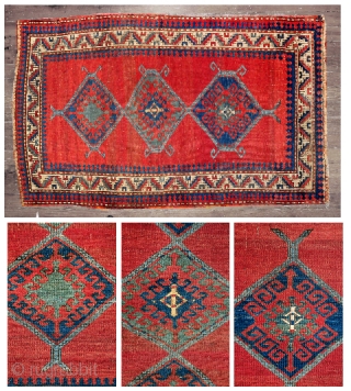 Caucasian Kazak,  3-5 x 5-7 (1.04 x 1.70),  late 19th century,  even wear,  missing part of candy cane border on both ends,  both ends overcast, this rug  ...