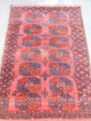 Turkman Ersari, late 19th century, 3-4 x 4-11 (1.02 x 1.50), good condition, rug was hand washed, great blues, wear, part of kilim ends, original cord edges, rug looks darker in person,  ...