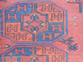 Turkman Ersari, late 19th century, 3-4 x 4-11 (1.02 x 1.50), good condition, rug was hand washed, great blues, wear, part of kilim ends, original cord edges, rug looks darker in person,  ...
