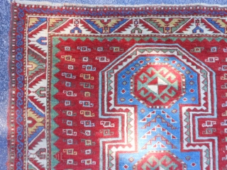 Caucasian Fachralo Kazak, late 19th century, 3-9 x 4-7 (1.14 x 1.40), good condition, rug was hand washed, original ends and edges, slight wear not threadbare, browns oxidized, ends overcast, good floppy  ...