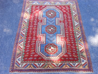 Caucasian Fachralo Kazak, late 19th century, 3-9 x 4-7 (1.14 x 1.40), good condition, rug was hand washed, original ends and edges, slight wear not threadbare, browns oxidized, ends overcast, good floppy  ...