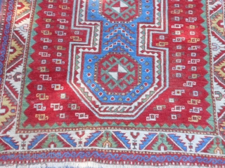 Caucasian Fachralo Kazak, late 19th century, 3-9 x 4-7 (1.14 x 1.40), good condition, rug was hand washed, original ends and edges, slight wear not threadbare, browns oxidized, ends overcast, good floppy  ...