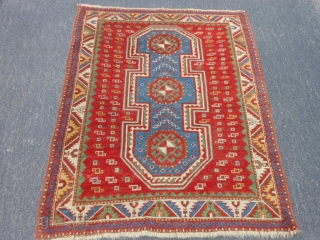 Caucasian Fachralo Kazak, late 19th century, 3-9 x 4-7 (1.14 x 1.40), good condition, rug was hand washed, original ends and edges, slight wear not threadbare, browns oxidized, ends overcast, good floppy  ...
