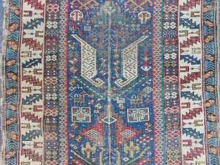 Caucasian Shirvan runner,  3-1 x 10-8 (.94 x 3.25),  circa 1870, great colors, wear, both edges rough in places, one end missing minor guard border, browns and blacks oxidized, many  ...