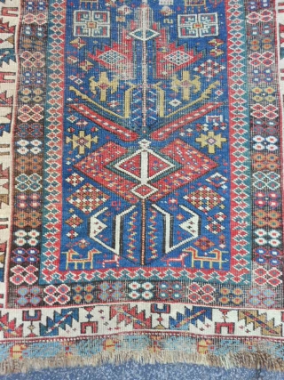 Caucasian Shirvan runner,  3-1 x 10-8 (.94 x 3.25),  circa 1870, great colors, wear, both edges rough in places, one end missing minor guard border, browns and blacks oxidized, many  ...