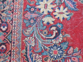 Persian Sarouk, circa 1940, 8-9 x 11-9 (2.67 x 3.58), original ends and edges, worn, no holes or rot or hard places, sewn on fringe, rug was washed, plus shipping.   
