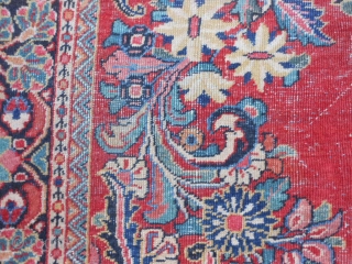 Persian Sarouk, circa 1940, 8-9 x 11-9 (2.67 x 3.58), original ends and edges, worn, no holes or rot or hard places, sewn on fringe, rug was washed, plus shipping.   