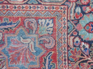 Persian Sarouk, circa 1940, 8-9 x 11-9 (2.67 x 3.58), original ends and edges, worn, no holes or rot or hard places, sewn on fringe, rug was washed, plus shipping.   