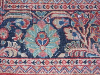 Persian Sarouk, circa 1940, 8-9 x 11-9 (2.67 x 3.58), original ends and edges, worn, no holes or rot or hard places, sewn on fringe, rug was washed, plus shipping.   
