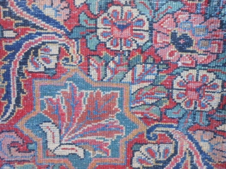 Persian Sarouk, circa 1940, 8-9 x 11-9 (2.67 x 3.58), original ends and edges, worn, no holes or rot or hard places, sewn on fringe, rug was washed, plus shipping.   