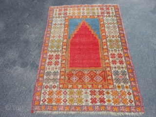 Turkish Prayer rug, early 20th century, 3-5 x 5-0 (1.04 x 1.52), good condition, hand washed, ends overcast, ends and edges original, slight wear, plus shipping.       