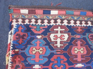 Persian Veramin Kilim bag, late 19th century, 2-2 x 2-2 (.66 x .66), good condition, slit tapestry weave, needs wash, interesting striped back, last pic notice striped back was shorten about 2  ...