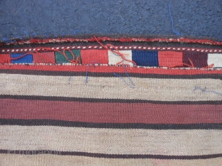 Persian Veramin Kilim bag, late 19th century, 2-2 x 2-2 (.66 x .66), good condition, slit tapestry weave, needs wash, interesting striped back, last pic notice striped back was shorten about 2  ...