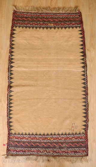 Kordi Sofreh Kilim, Late 19th century.  Camel wool field.  Wonderful workmanship on the ends.  85 x 152 cm            