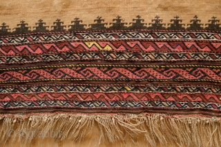 Kordi Sofreh Kilim, Late 19th century.  Camel wool field.  Wonderful workmanship on the ends.  85 x 152 cm            