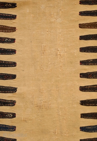 Kordi Sofreh Kilim, Late 19th century. Camel wool field. Wonderful colors on the ends.  Note the areas of wear.  73 x 193 cm        