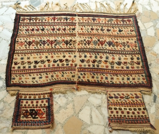 Qashqa'i horse cover, late 19th century. Beautifully saturated naturally dyed motifs. The flaps are different in design from one another. a bit of repiling in the left hand flap visible in the  ...