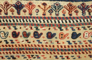 Qashqa'i horse cover, late 19th century. Beautifully saturated naturally dyed motifs. The flaps are different in design from one another. a bit of repiling in the left hand flap visible in the  ...