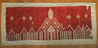 Syrian hanging, 19th century.  Fine wool base in madder and some design elements in cotton.  Design elements in the center recall pre- and early C.E. Central Asian motifs. 
 Mounted  ...