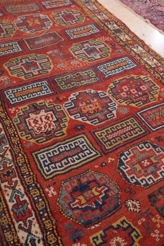 Quchan Kurdish rug, mid-19th century. Possibly earlier.  Generally good condition with a small repair or two.  It has a wild feel.  163 x 362 cm     