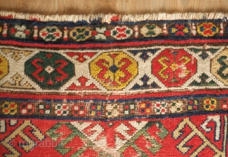 Chajli Caucasian rug, 3rd-4th quarter of the 19th century. A fantastic blitz of vibrant colors. The pile is generally good but for the areas of obvious wear.  123 x 183 cm 