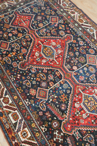 Qashqa'i possibly Shekarlu pole medallion rug, 19th century. Outstanding colors and condition with Herati motifs, botehs, Talish floral medallions and a striking border. 147 x 247 cm      