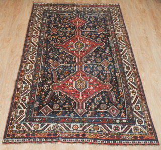 Qashqa'i possibly Shekarlu pole medallion rug, 19th century. Outstanding colors and condition with Herati motifs, botehs, Talish floral medallions and a striking border. 147 x 247 cm      