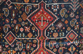 Qashqa'i possibly Shekarlu pole medallion rug, 19th century. Outstanding colors and condition with Herati motifs, botehs, Talish floral medallions and a striking border. 147 x 247 cm      