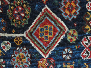 Qashqa'i possibly Shekarlu pole medallion rug, 19th century. Outstanding colors and condition with Herati motifs, botehs, Talish floral medallions and a striking border. 147 x 247 cm      