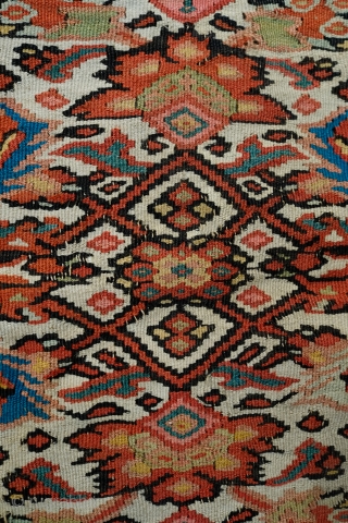 Senneh Kilim.  19th Century.  Wonderful mahi/Herati/fish designs throughout. Some duck head green in the central medallion.  Subtle colors.  Very poised composition.  The top left corner is a  ...