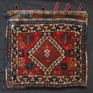 Qashqa'i saddle bag half, 4th quarter of the 19th century.  Great condition with thick pile.  Eye dazzler kilim back.  All natural dyes.  51 x 55 cm   