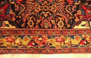 Bijar Rug, early 1900s.  Wonderful Frangi border with a beautiful green.  Central medallion with pendants over a field full of florals.  Very soft wool.  134 x 211 cm 