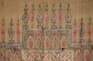 Kalamkar block print, early to mid-19th century.  Very thin cotton ground with heavy use of metallic thread in the field and borders.  Very fine drawing with life-like composition of the  ...