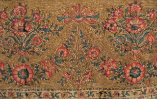 Kalamkar block print, early to mid-19th century.  Very thin cotton ground with heavy use of metallic thread in the field and borders.  Very fine drawing with life-like composition of the  ...