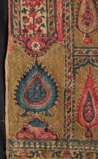 Kalamkar block print, early to mid-19th century.  Very thin cotton ground with heavy use of metallic thread in the field and borders.  Very fine drawing with life-like composition of the  ...