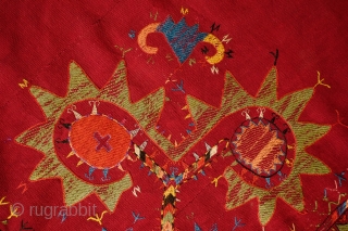 Kungrat Bugzhoma/Bohcha, Late 19th Century/1900.  Used to wrap up clothing in the round yurt or mudbrick dwelling. Beautiful rich crimson red seven-panel ground weave joined together.  Silk embroidery in vibrant  ...