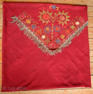 Kungrat Bugzhoma/Bohcha, Late 19th Century/1900.  Used to wrap up clothing in the round yurt or mudbrick dwelling. Beautiful rich crimson red seven-panel ground weave joined together.  Silk embroidery in vibrant  ...