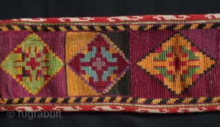 Uzbekistan Lakai silk cross stitch belt, 19th century. Great lively colors.  It even still has the silk knotted "buttons" on the bottom end.  11 x 87 cm    