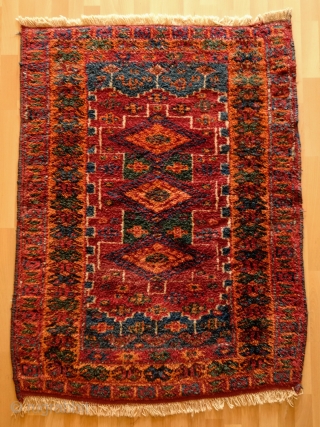 Afshar bedding/yatak style rug, Quchan - Khorassan, Late 19th Century.  Incredible plush wool and great colors. A couple of small repairs.  106 x 140 cm      