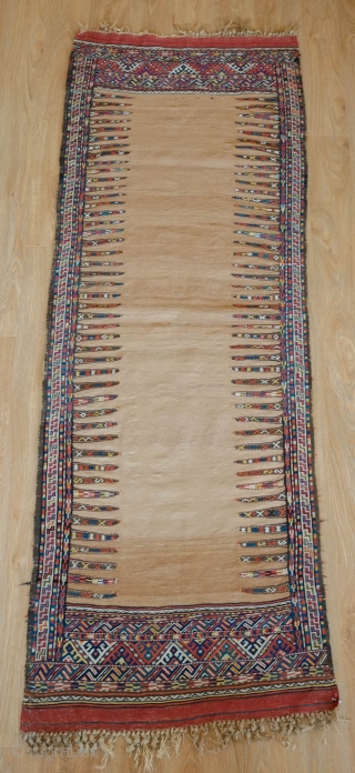 Kordi Sofra Kilim, Late 19th Century.  Incredible colors.  Playfully wide variety of designs in fingers.  A wonderful example.  75 x 216 cm.
       