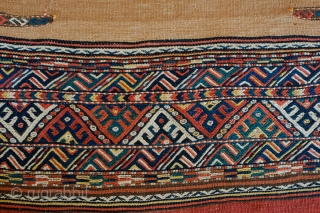 Kordi Sofra Kilim, Late 19th Century.  Incredible colors.  Playfully wide variety of designs in fingers.  A wonderful example.  75 x 216 cm.
       