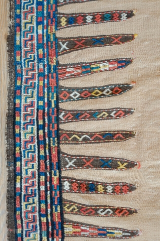 Kordi Sofra Kilim, Late 19th Century.  Incredible colors.  Playfully wide variety of designs in fingers.  A wonderful example.  75 x 216 cm.
       