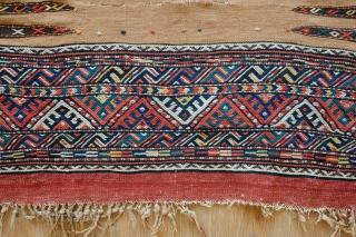 Kordi Sofra Kilim, Late 19th Century.  Incredible colors.  Playfully wide variety of designs in fingers.  A wonderful example.  75 x 216 cm.
       
