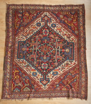 Khamseh Arabi rug, late 19th century. Fantastic colors and design. A couple of repairs and a little moth nibble.  156 x 181 cm         