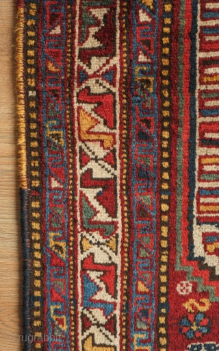 Khamseh Arabi rug, late 19th century. Fantastic colors and design. A couple of repairs and a little moth nibble.  156 x 181 cm         