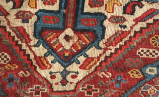 Khamseh Arabi rug, late 19th century. Fantastic colors and design. A couple of repairs and a little moth nibble.  156 x 181 cm         